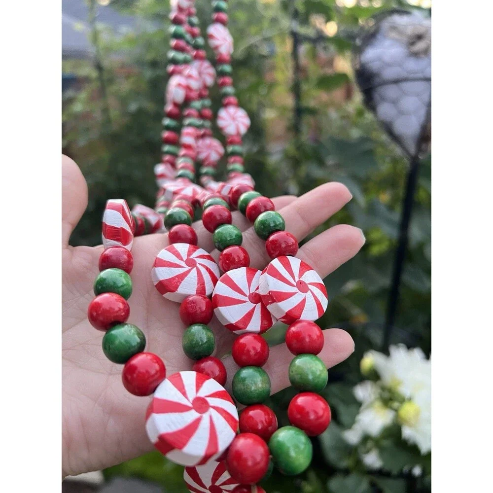 Vintage 8 Ft Wooden Christmas Garland Hand Painted Peppermint Candy Beads